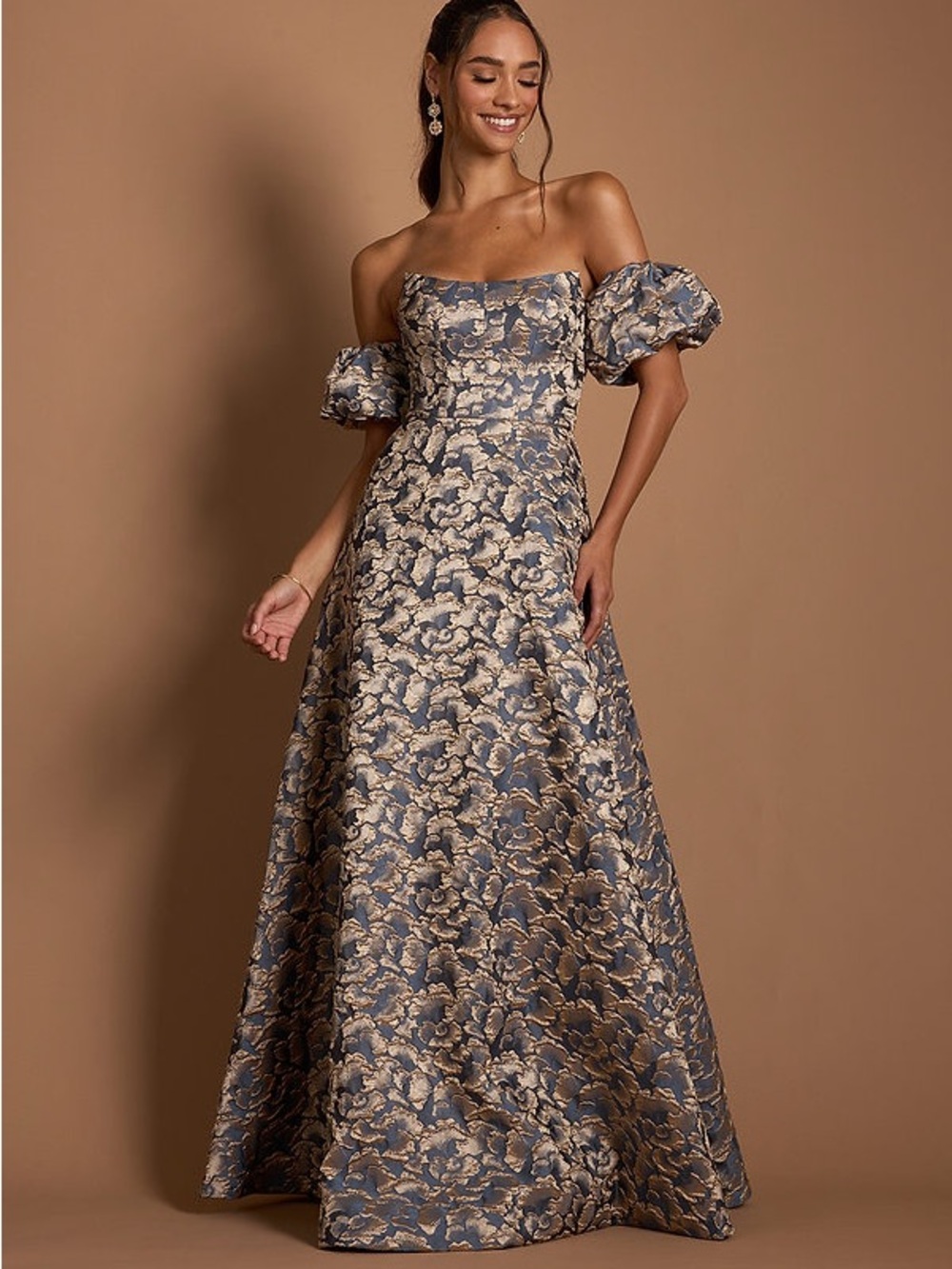 Azazie Blue and Gold Off-Shoulder Jacquard Gown